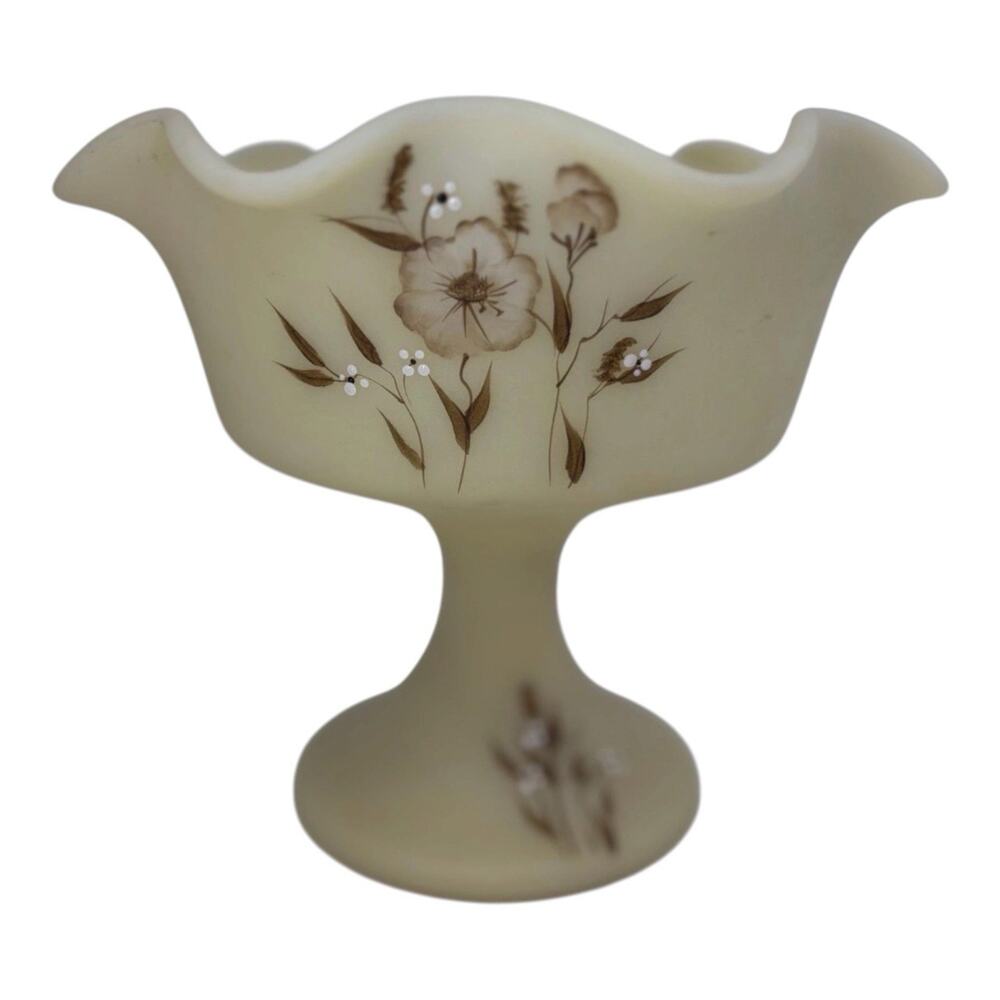 Fenton Satin Custard Glass Pedestal Compote Hand Painted Signed Jackie D Ruffled